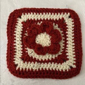 Flower pouch with zipper Handmade Crochet Square with 3D Flower - Red & Cream